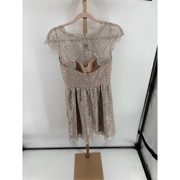 Aidan Mattox Metallic Lace Short Dress Size 2 Silver Blush Pockets Evening - Picture 11 of 12